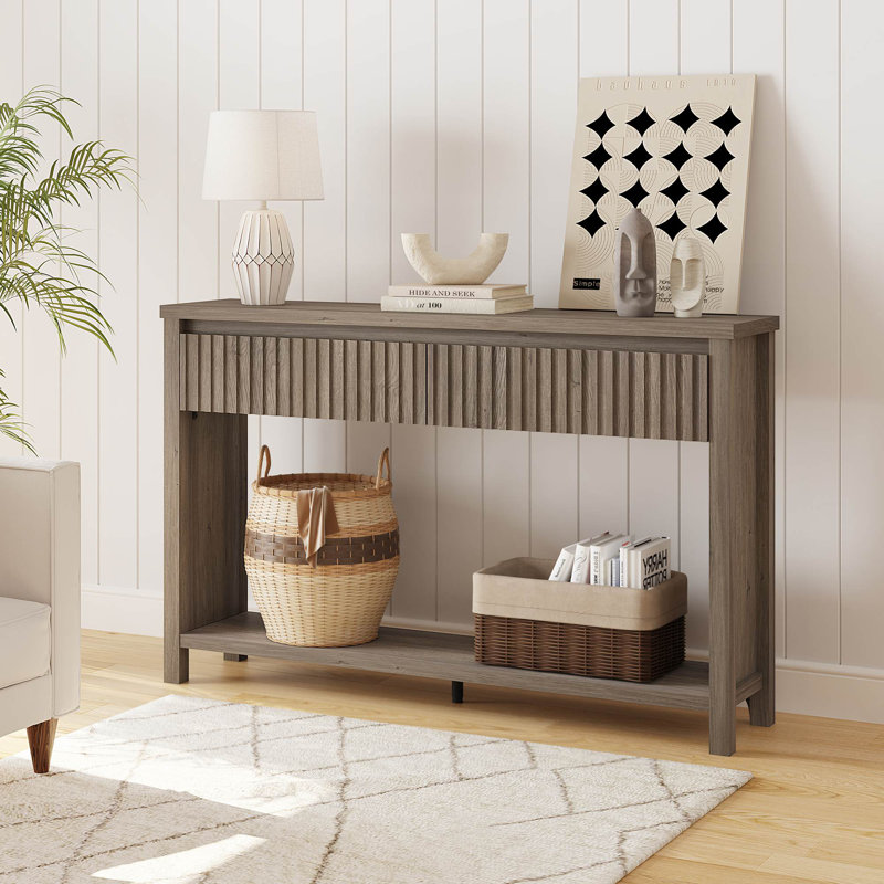 Console à 2 niveaux avec tiroirs Aust 47,36 po Aust, canapé en bois pour le salon, l'entrée, le couloir, Chêne gris-beige