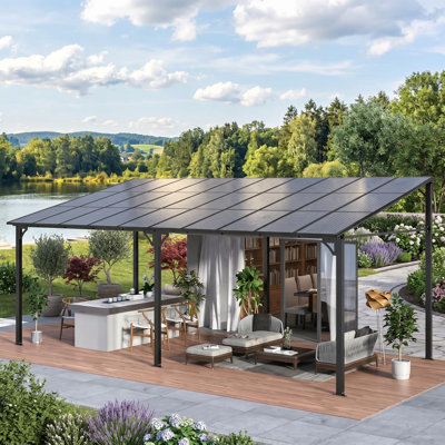 Pavillon de jardin d'extérieur à toit rigide 10 x 20 pi, pavillon de toit à toit incliné avec 6 colonnes robustes, toit en polycarbonate robuste, cadre en métal résistant aux intempéries pour la cour arrière, brun foncé