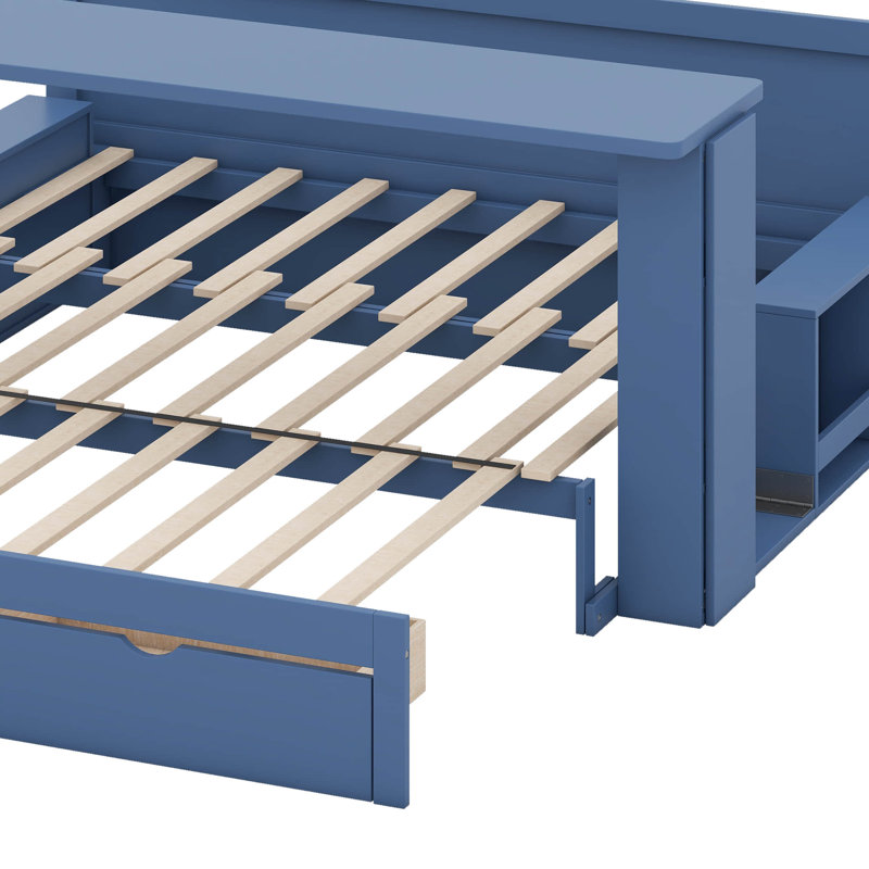 Lit de jour extensible avec bureau amovible et table d'appoint hydraulique, canapé multifonctionnel 4-en-1 Be, Bleu, Grand