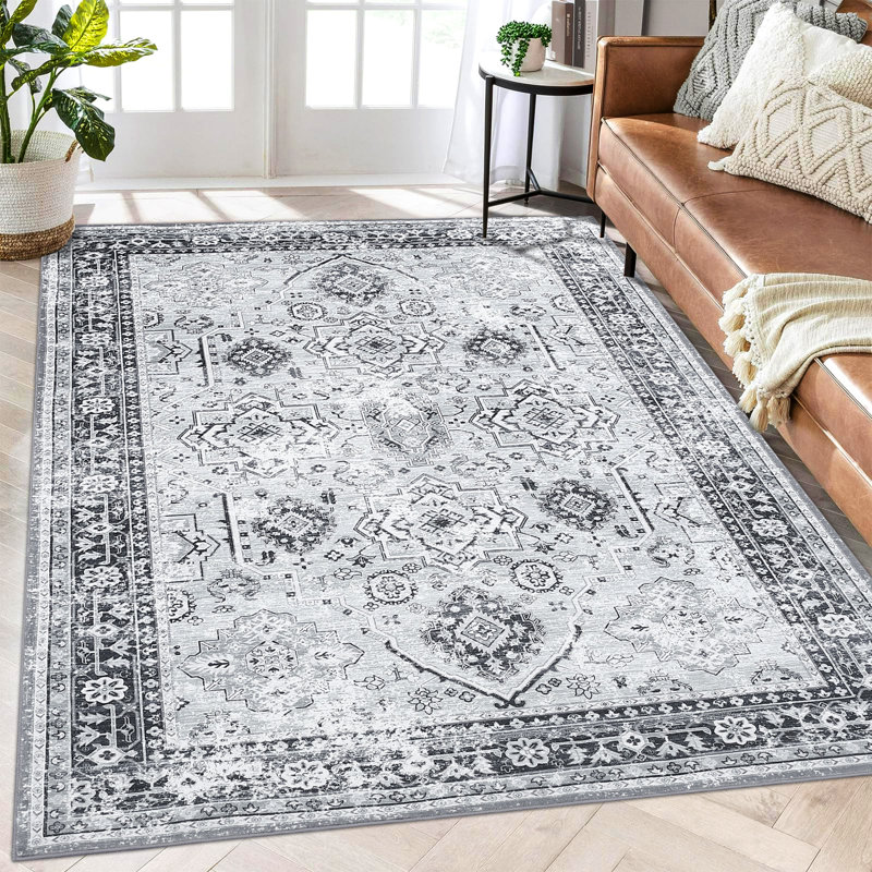 Tapis de salon délavé à motif floral lavable, Rectangle 6 pi x 9 pi