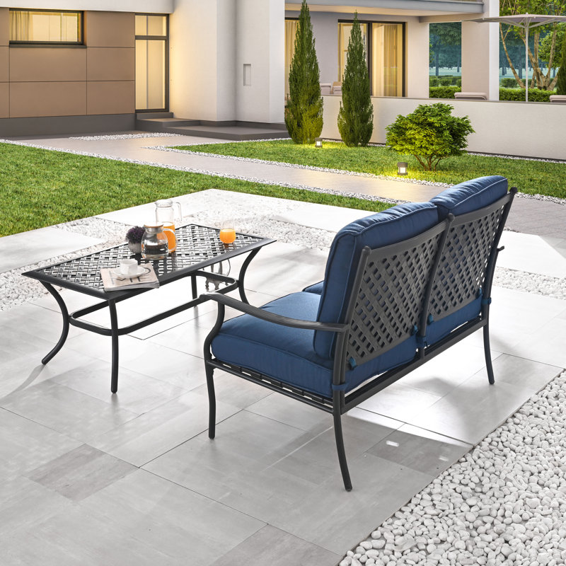 2-Piece Outdoor Metal Loveseat And Coffee Table Patio Chat Set, Blue