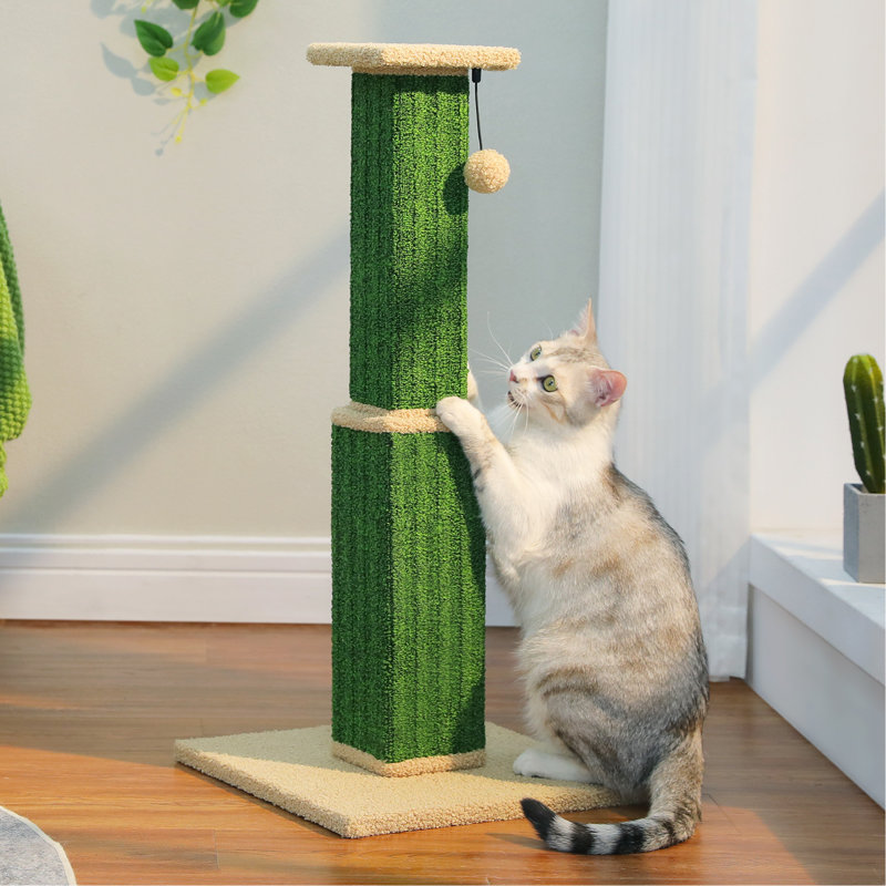 Large Cat Scratching Post 32” Tall Black Scratching Post for Indoor Cats Adults Ultimate Scratch Post with Woven Sisal, Large Base and Removable Dangling Ball- Green