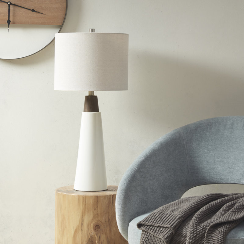 White Ceramic and Wood Table Lamp with Drum Shade