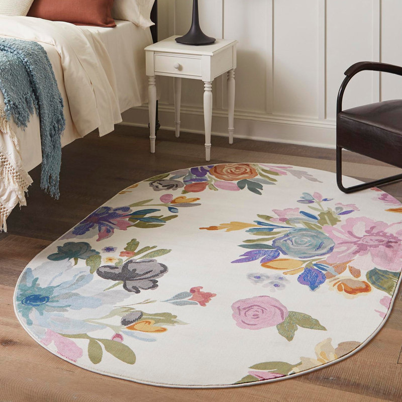 Aludra Floral Green/Purple/Blue/Ivory/Gray/Orange Area Rug, Oval 6'1" x 9'
