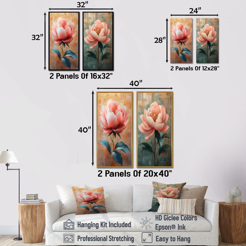  Pivoine Bloom I - ensemble d'art mural pivoine 2 pièces, Cadre flottant doré, H 28 po x l 24 po