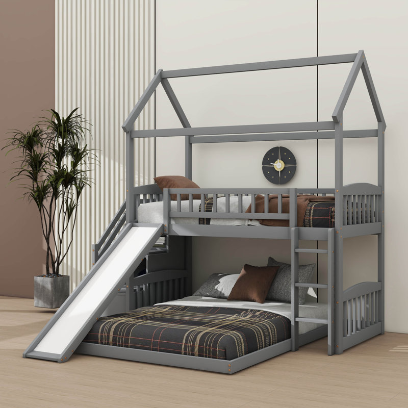 Mignon lit superposé simple au-dessus d'une maison double avec une glissade amusante et des escaliers pratiques, Gris