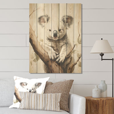 Minimalist Tree Loving Koala IV - Koala Animal On Wood Print