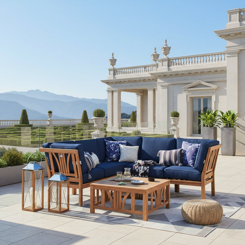 Malena Teak Outdoor Seating Group with Cushions, Navy