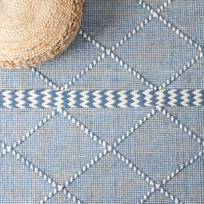 Tapis bleu clair en laine / coton tissé à la main Casablanca, Tapis de couloir 2 pi 3 po x 8 pi