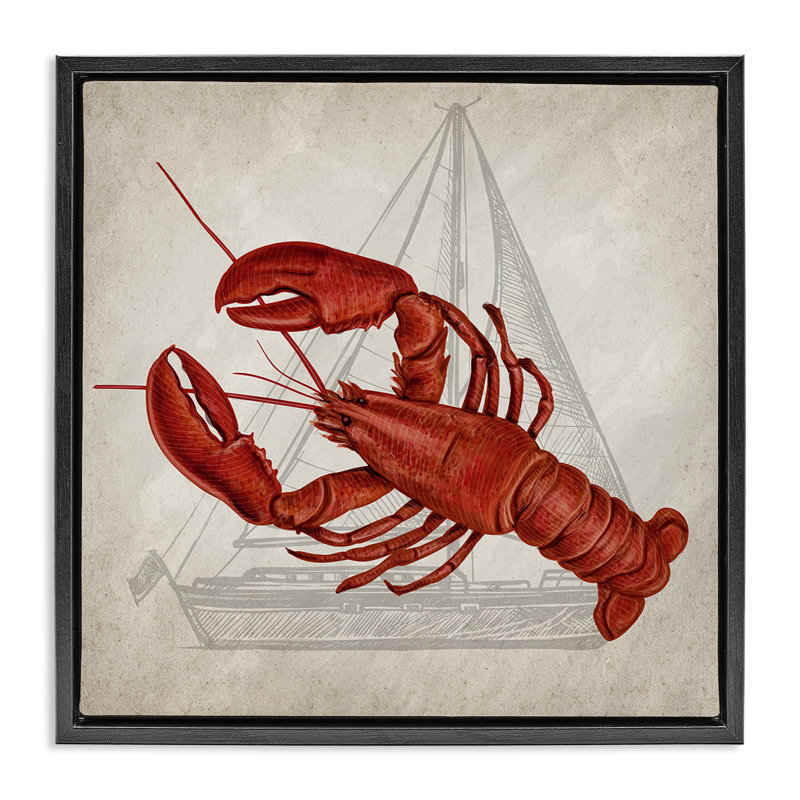 «Red Lobster over Compass Floater», art mural par Kim Allen, Cadre flottant noir de jais, H 18 po x l 18 po