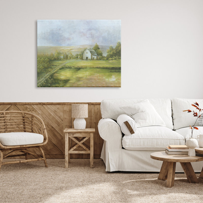 «Distant White Barn Vast Country Farmland Fields», peinture sur toile, Toile tendue, H 36 po x l 48 po x P 1,5 po
