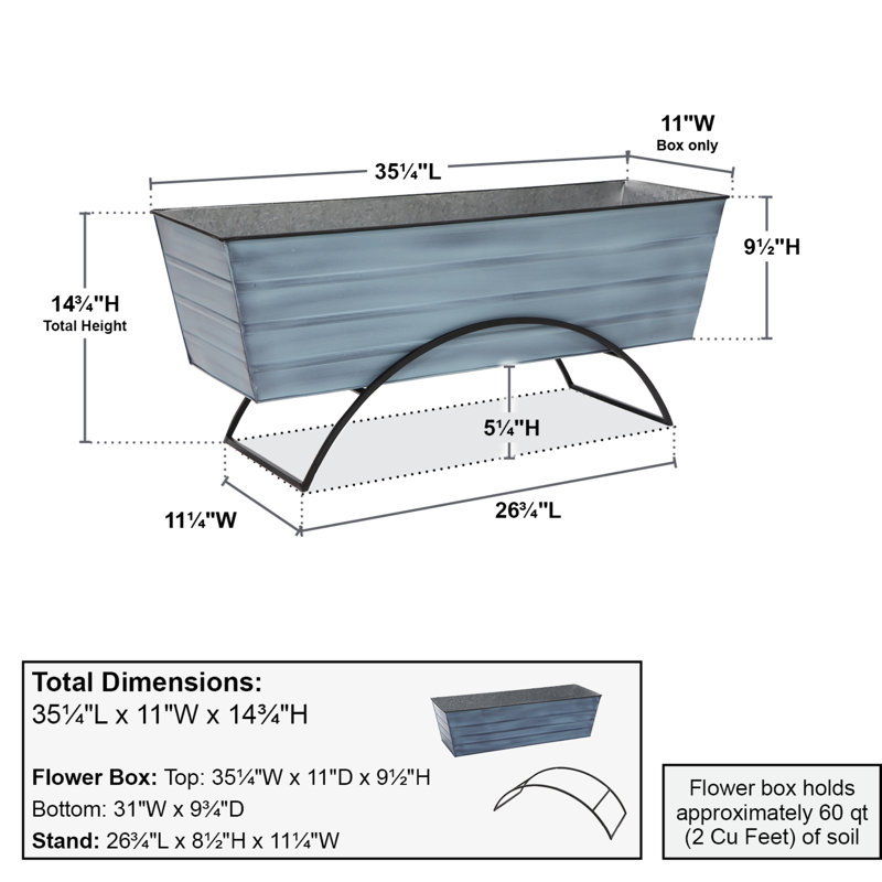 Large Blue Galvanized Steel Flower Box with Stand