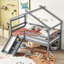 Lit simple mezzanine bas avec glissade, échelle, barrières de sécurité, structure de toit de maison, gris