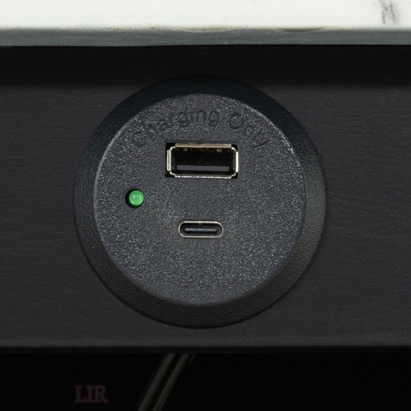 Table de salle à manger de style transitionnel avec tablettes de rangement, 2 tabourets, plateau ultrabrillant et ports de chargement USB