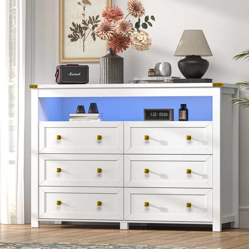 6 Drawer Dresser With Lights And Power Outlet, White