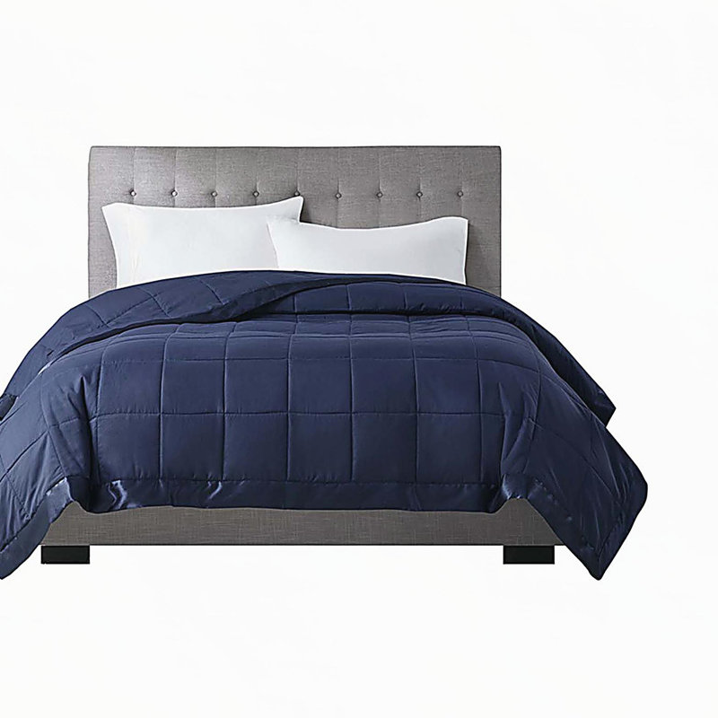 Couverture légère en duvet synthétique avec garniture en satin bleu marine double / grand, Marine, Lit double