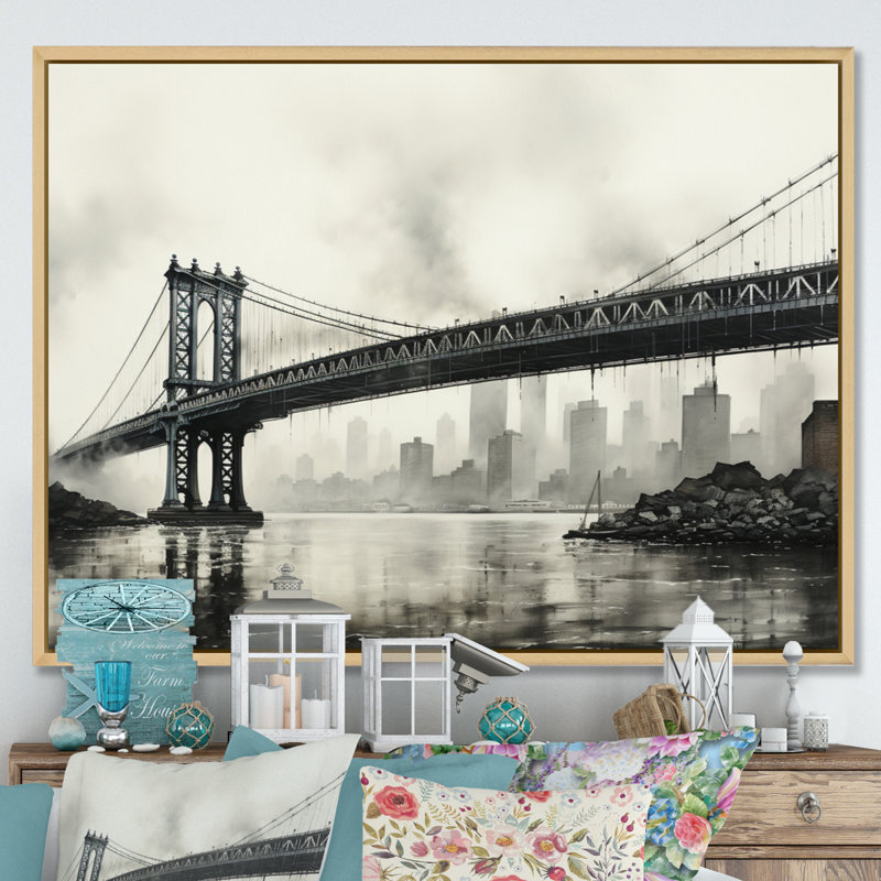 Gris pont suspendu à câble gris anthracite - Art mural sur toile, H 12 po x l 20 po x P 1 po, Cadre naturel flottant