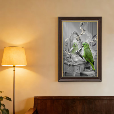 Toile naturelle encadrée en bois naturel pour salon, chambre à coucher, bureau ou vestibule - décoration murale décorative avec miroir perroquet