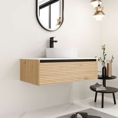 Meuble-lavabo de 36 po avec lavabo en céramique blanc d'art, tiroir à fermeture en douceur, rayures du milieu de l'été, 45 poignées biseautées, meuble-lavabo de construction 36 po, 1 conception flottante, application pratique, idéal