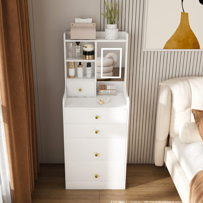 Coiffeuse 3 en 1 avec miroir à DEL et tabouret de rangement - coiffeuse de maquillage compacte avec 4 tiroirs, armoire de rangement et tabouret caché, panneau de densité, bibliothèque ouverte pour l'organisation de la chambre à coucher