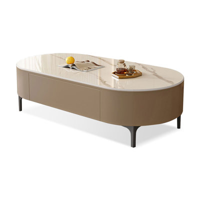 Beige Sintered Stone Oval Coffee Table Sets