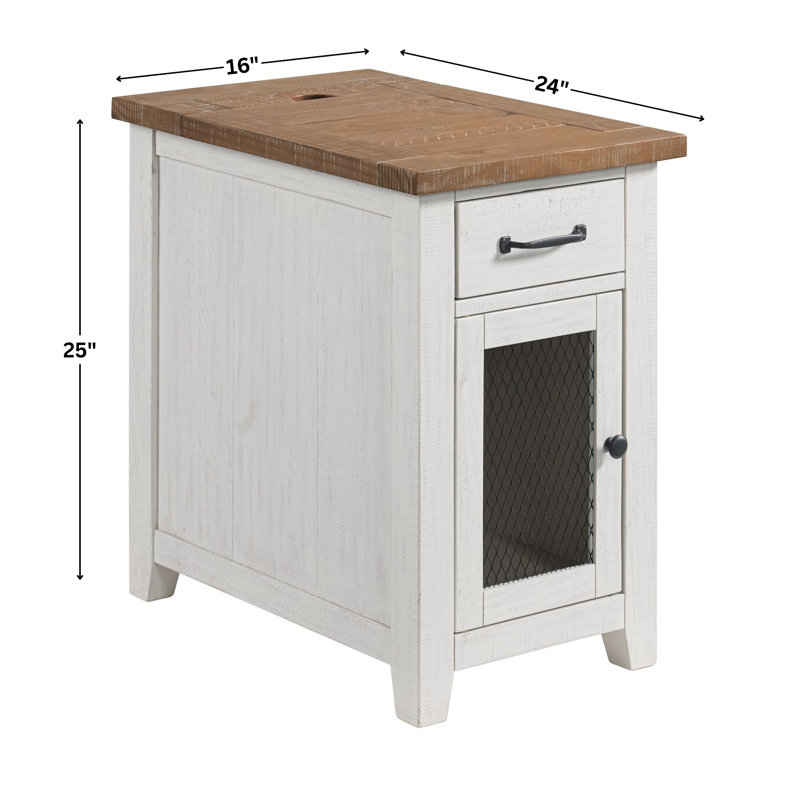 Jakendra Solid Wood End Table with Storage and Built-In Outlets, Driftwood Top/White Base
