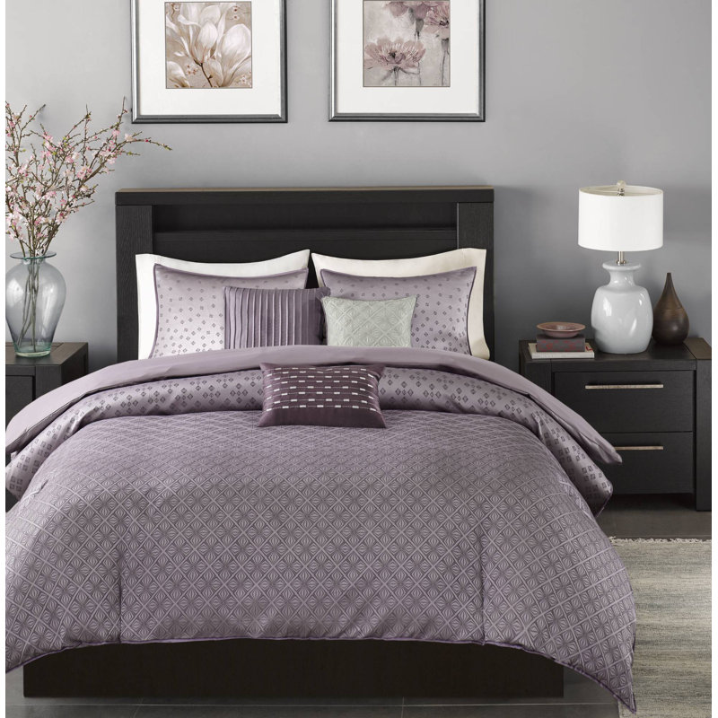 Assam Microfiber Modern & Contemporary 6 Piece Jaquard Duvet Cover Set, Full/Queen, Purple