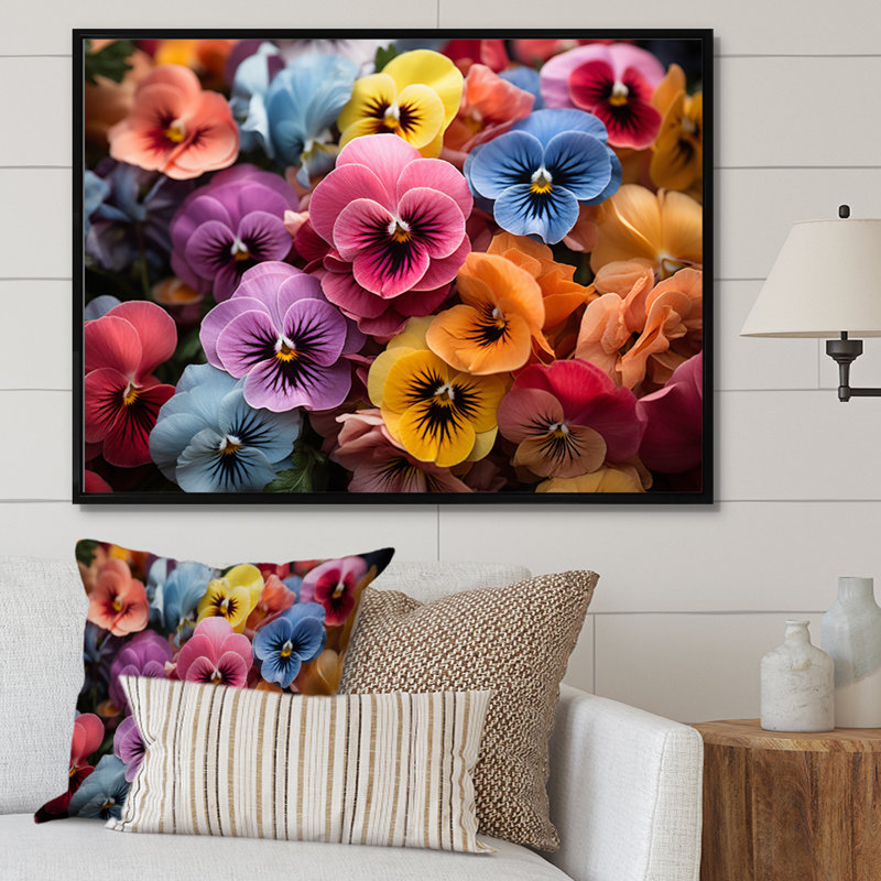 Colourful Pansies Field Vibrant - Floral Wall Art Prints, H 12 po x l 20 po x P 1 po, Cadre flottant noir