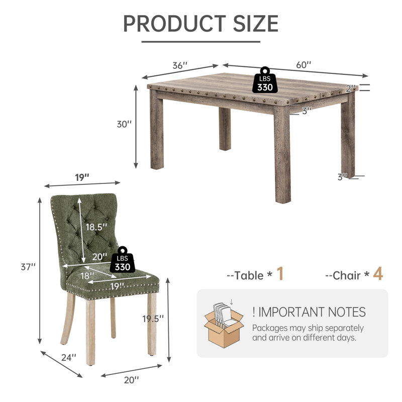 5 Piece Dining Table Set, Farmhouse Rectangular Kitchen Table & 4 Upholstery Chairs, Green, Green Chenille