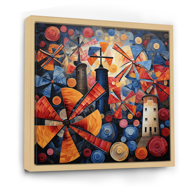 Folk Art Wind Turbines Village I - Wind Turbines Wall Art, Cadre flottant brun, H 36 po x l 36 po x P 1,5 po