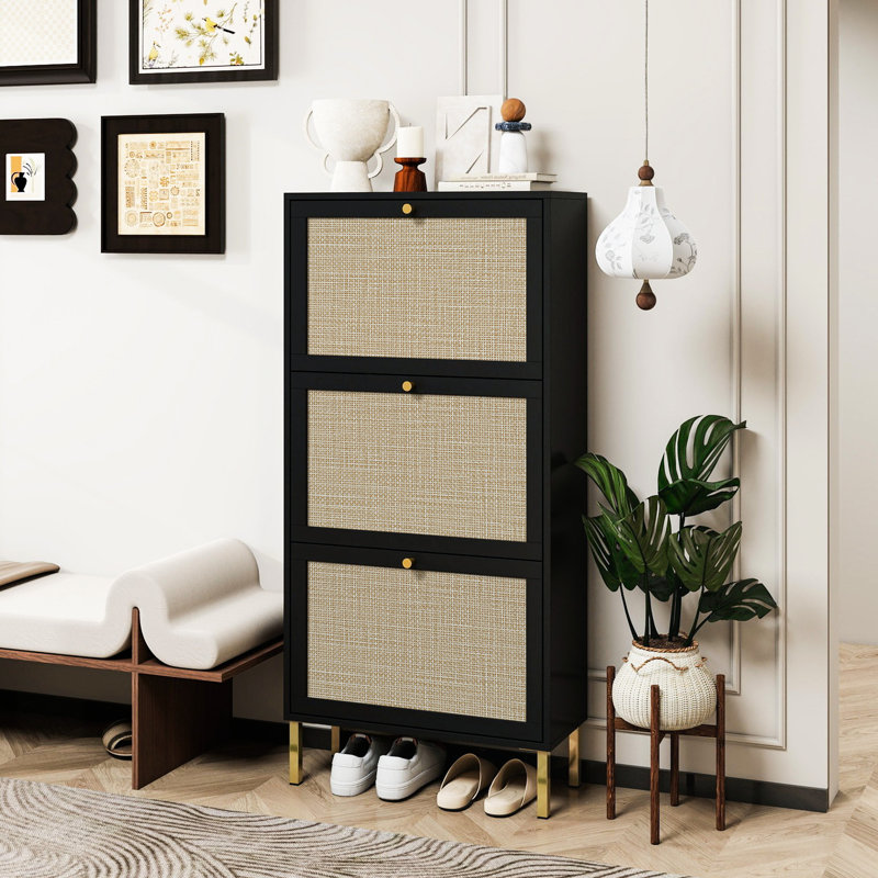 Freestanding 3 Door Shoe Rack, Entryway Storage Cabinet, 44Lb Load, Engineered , -, Gold Handle, Double Shelf, Metal Base With Slip Pads, Black Particle Board, Simple Assembly Procedure For Entryway,