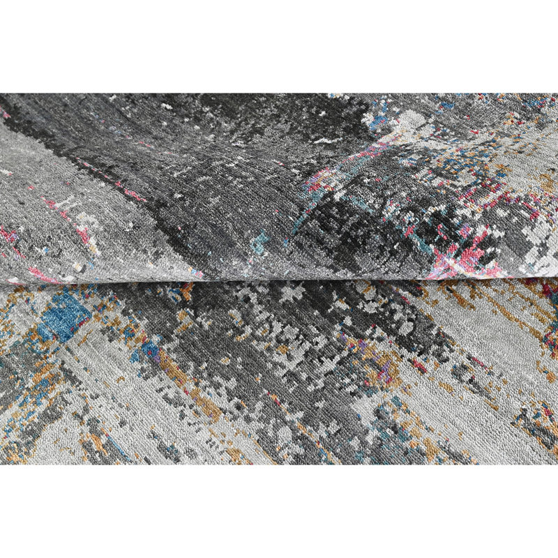 Hand Knotted Abstract Area Rug in Charcoal/Gold/Orange/Ivory, Rectangle 6' x 9'