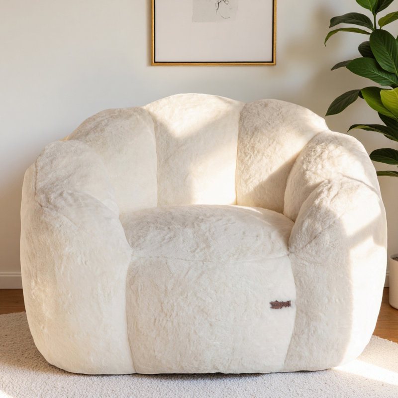 Floral Shaped Bean Bag Chair, Beige Faux Fur , 29" H x 42" W x 40" D
