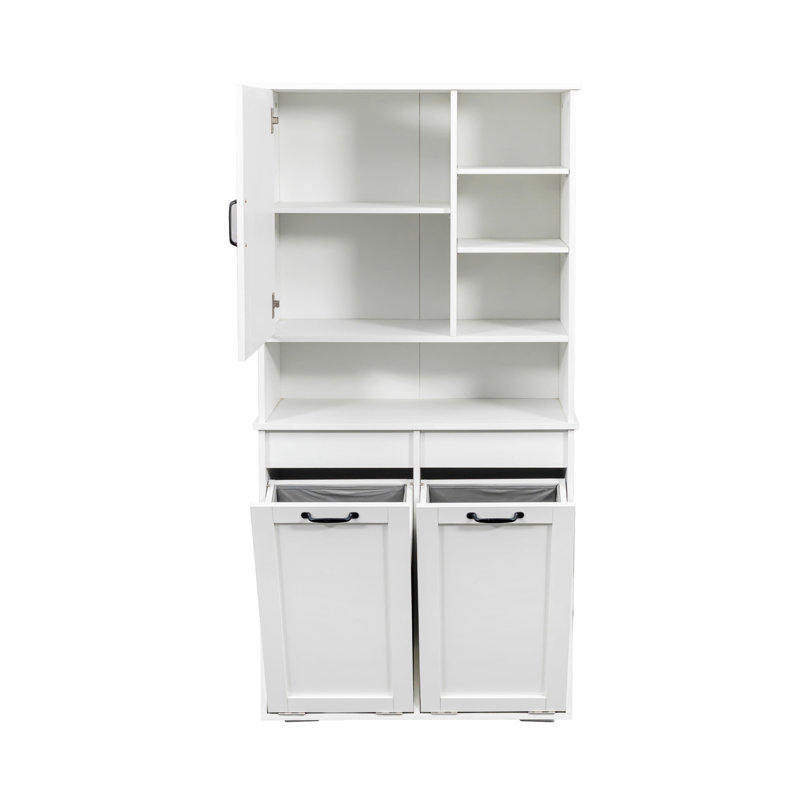 Tall And Wide Bathroom Cbinet With Multiple Storage Space, Door And Tilt-Out Laundry Hamper With Cloth Bag Basket, White