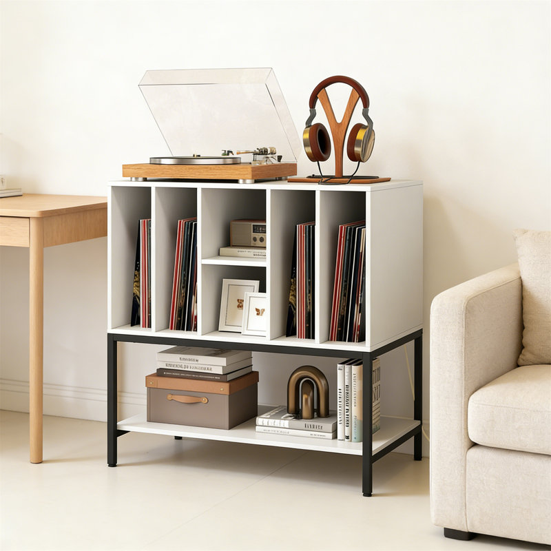 Record Player Stand With Charging Station, Turntable Stand End Sofa Side Table With Open Shelves, Metal Frame Albums Vinyl Record Storage Cabinet Holder For Living Room Bedroom
