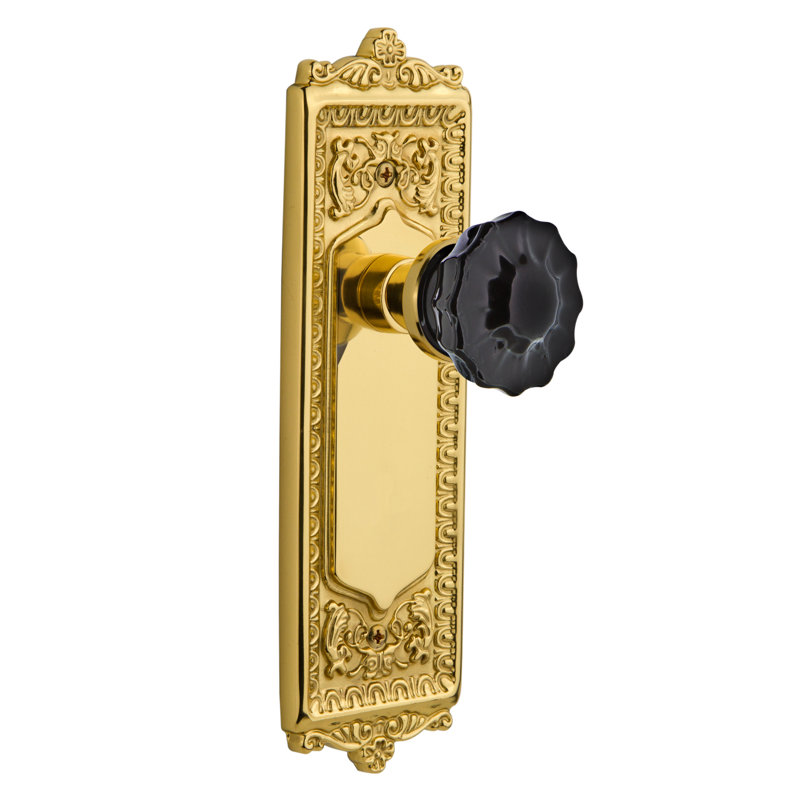 Egg & Dart Plate avec bouton de porte noir cristal, Laiton poli, 2 3/8