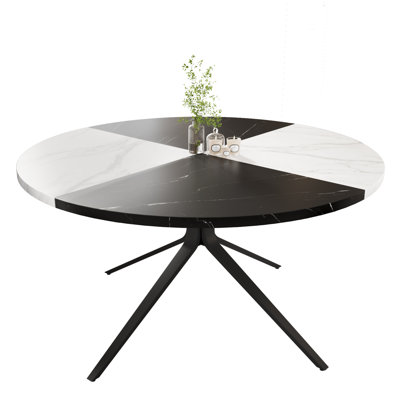 47” Faux Marble Round Dining Table for 4-6 Person, Modern Wooden Kitchen Table with Black Steel Legs, Circle Coffee Table for Kitchen, Diner Room, Black + White Marble