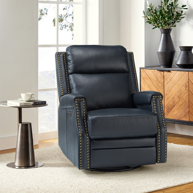 Fauteuil inclinable électrique pivotant en cuir véritable de 30 po avec port USB Atascosa, Bleu marine