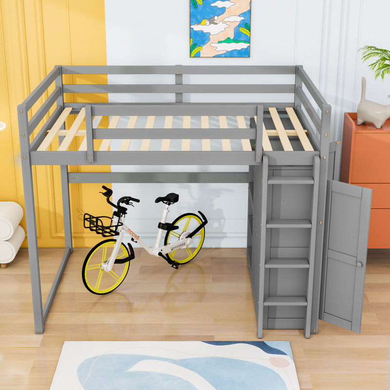 Full Size Loft Bed With Wardrobe And LED Light, Gray