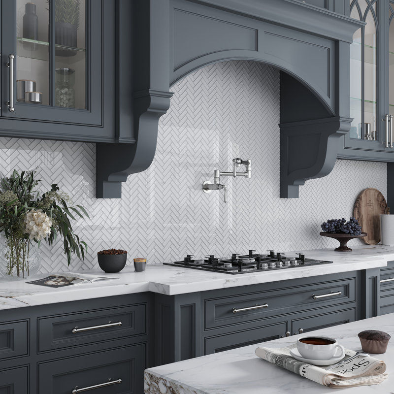 11"X 12.6" Herringbone Polished Glass Mosaic Tile, Ice White