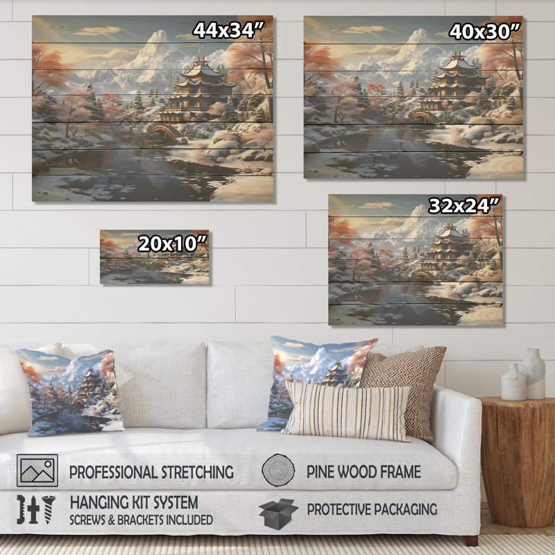 Paysage de montagne du temple bouddhiste de Chine - Chine sur impression sur bois, H 24 po x l 32 po x P 0,78 po