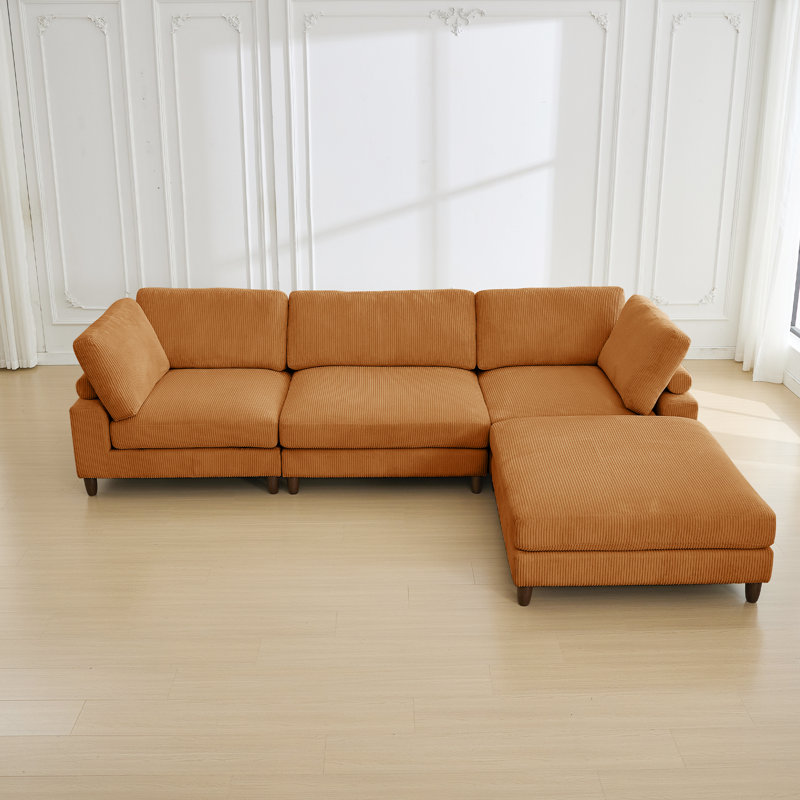 Canapé 4 pièces avec repose-pieds, Velours côtelé jaune