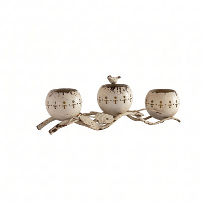 Porte-bougie rustique en métal rustique Farmhouse, conception de branche blanc antique vieilli avec décor d'oiseau, 3 coupelles de bougie pour le décor de la cheminée