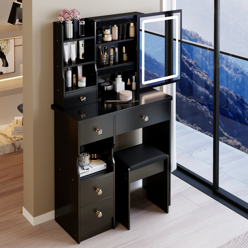 29.2" Vanity Table, Left Drawer, Cushioned Stool, Brightness - Adjustable Tri Color Mirror, Small Scale Bedrooms Desktop Touch Control, Led Sized Bed