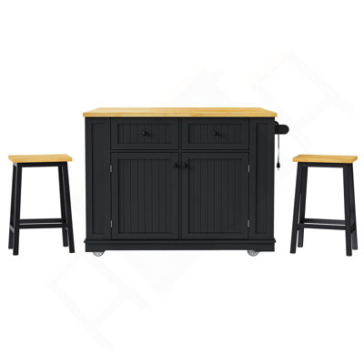 48Inch Large Kitchen Island With 2 Bar Stools, Power Outlet, Door Internal Storage Rack, Kitchen Storage Cart On 5 Wheels With Drop Leaf, 5 Open Side Racks, 2 Drawers,For Kitchen,Dining Room