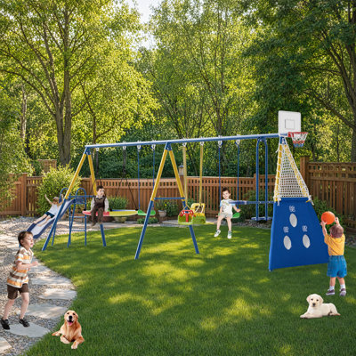 Ensemble de jeux extérieur 8 en 1 pour enfants, robuste et comprenant glissade, panier de basketball, but de soccer, balançoires pour bébé et soucoupe, structure en métal, bleu et jaune.