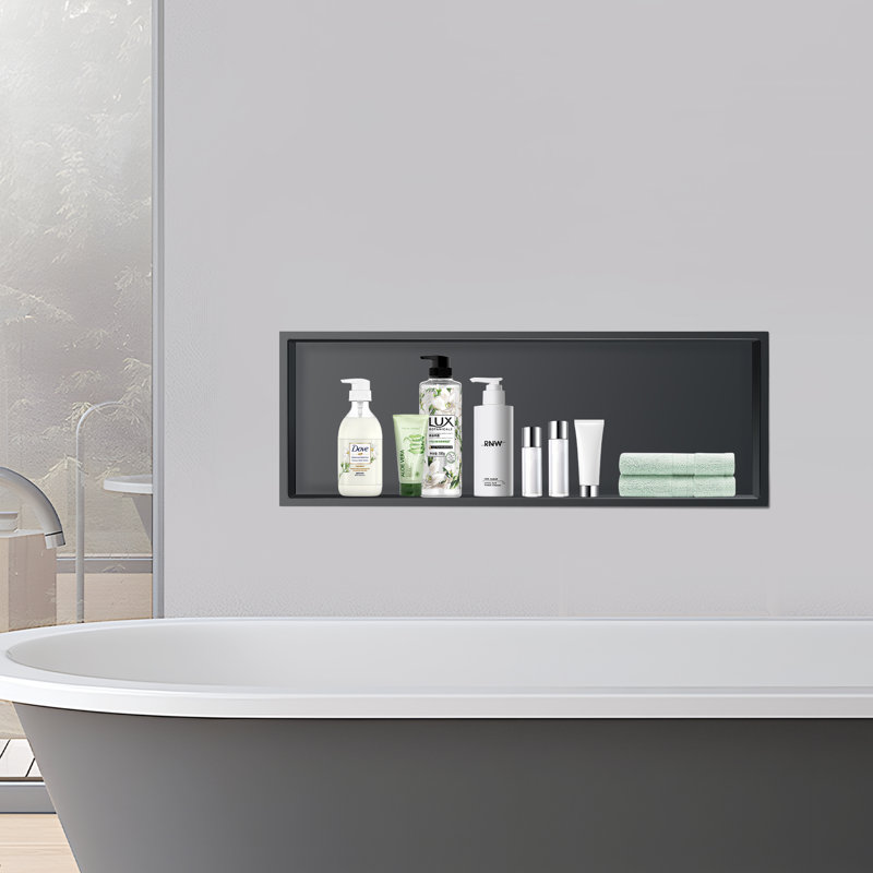 24" Shower Niche Shelf Stainless Steel 18 Gauge Black Rectangular Recessed