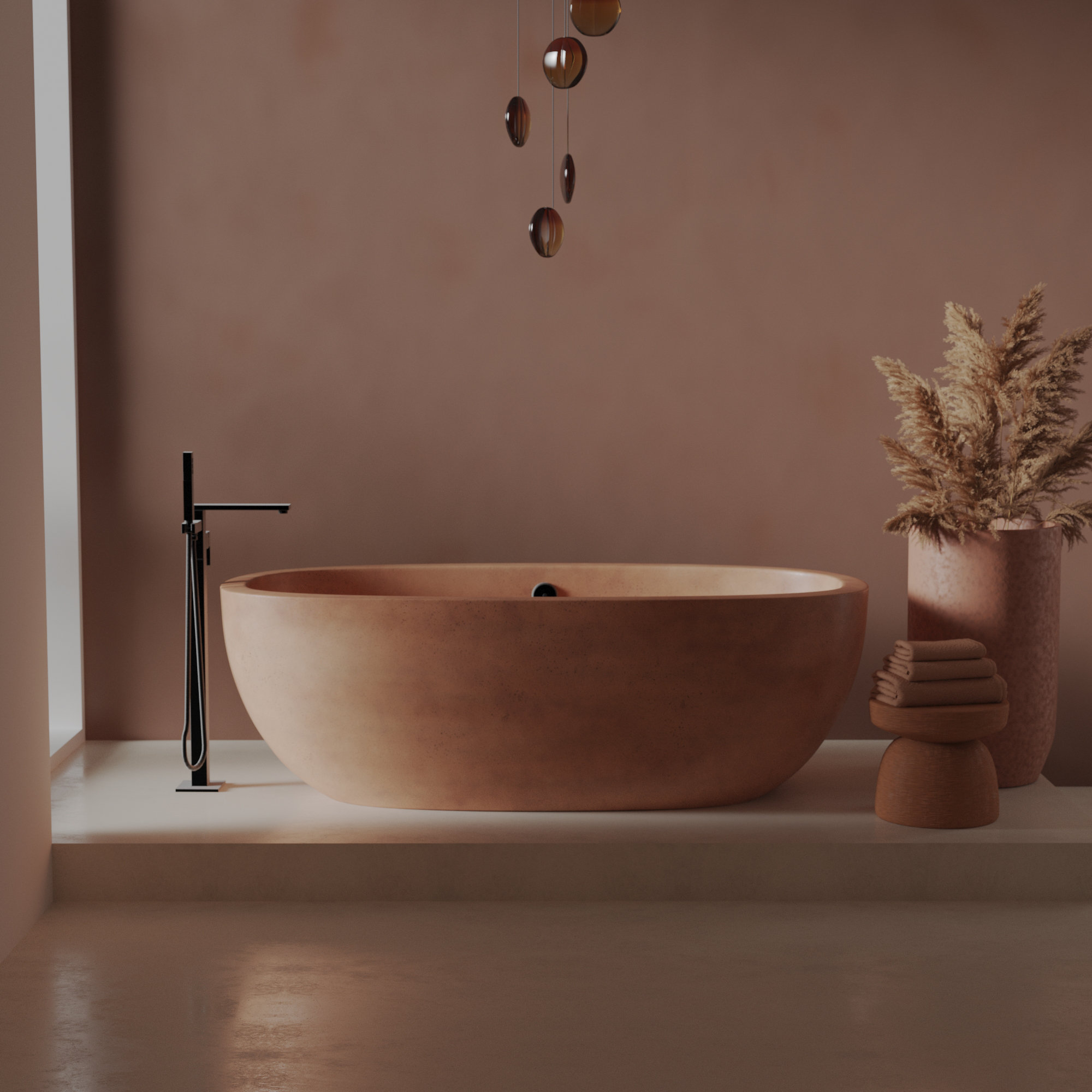 Avalon NativeStone Concrete Freestanding Oval Soaking Bathtub, 22" H x 36" W x 66" L, Terracotta