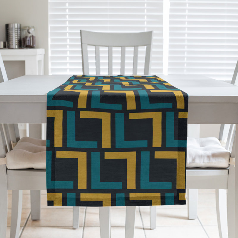 Chemin de table Carolina, 72 po x 16 po, Coton, Bleu sarcelle / or / noir