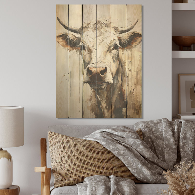 Portrait de vache minimaliste beige I - Vache, art mural sur bois de pin naturel, H 40 po x l 30 po